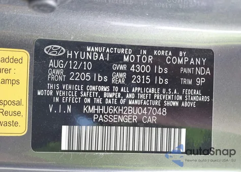 2011 Hyundai Genesis 3.8 Track из США, поврежденный, VIN KMHHU6KH2BU047048